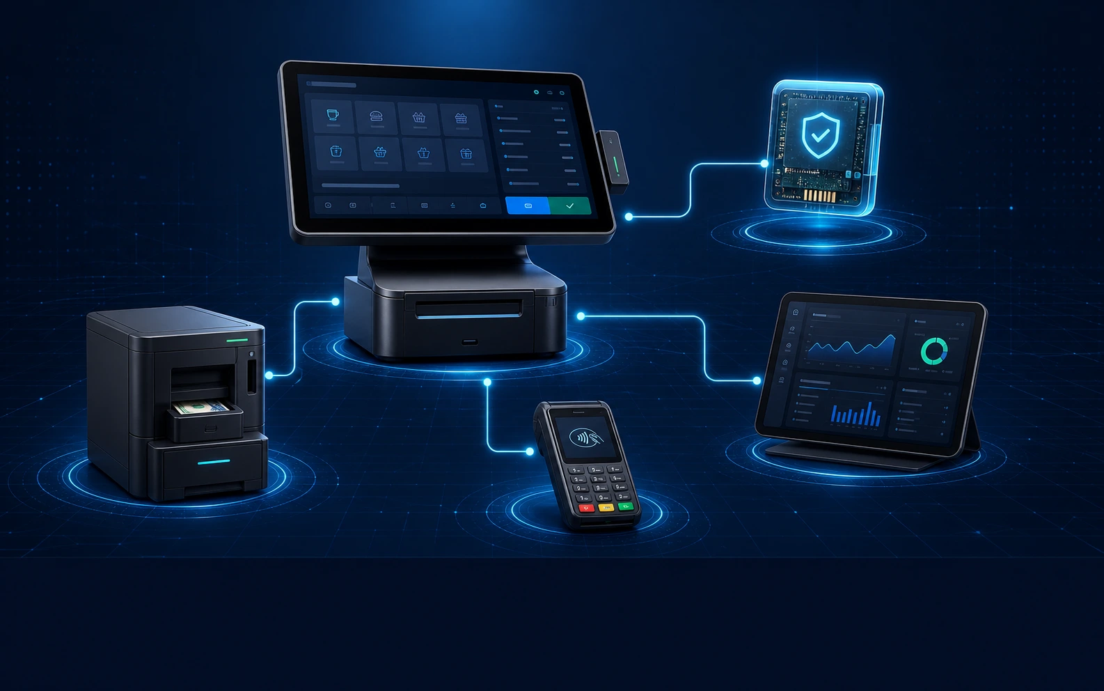 Illustration eines verbundenen Acomtec Kassensystems mit CashDro, EC-Terminal, TSE und Auswertung