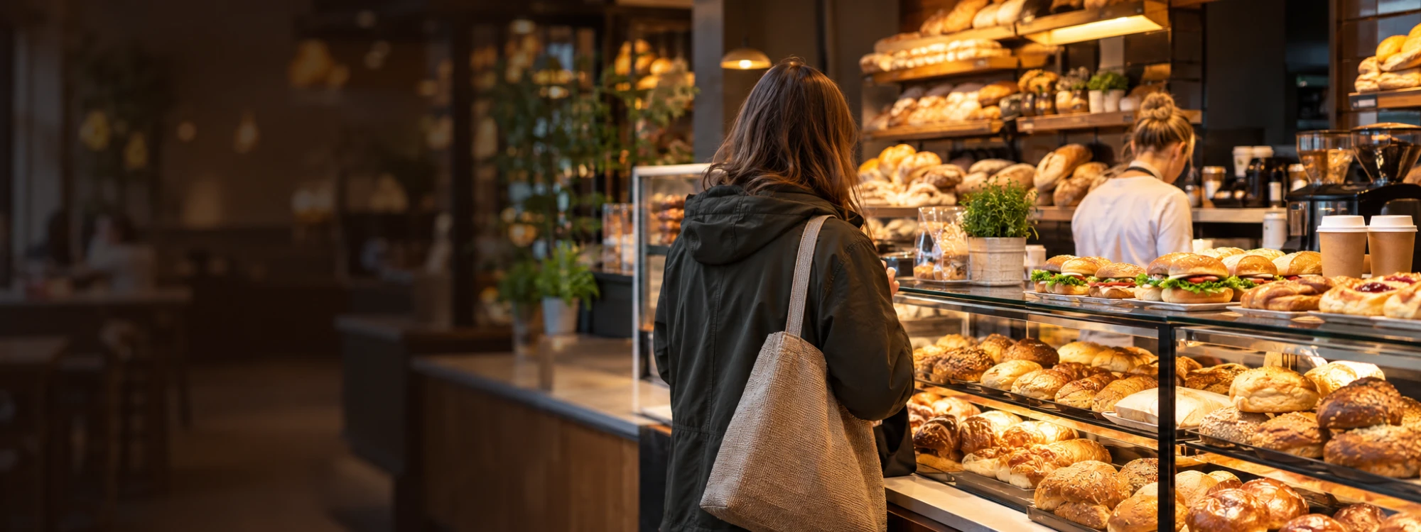Kundin an der Bedientheke einer Bäckerei