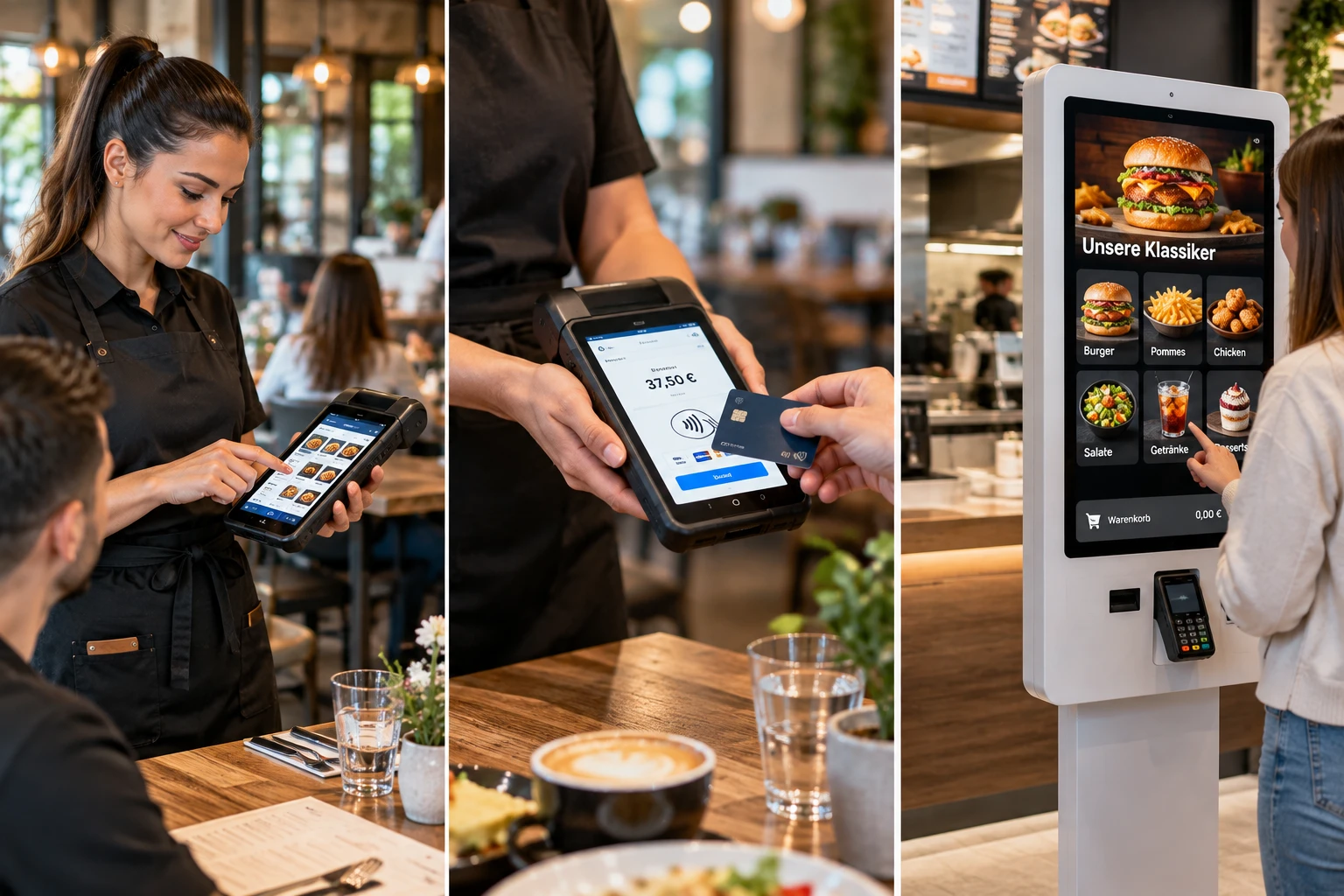 Bestellung per Handheld-Terminal am Tisch, kontaktlose Zahlung und Self-Service-Kiosk